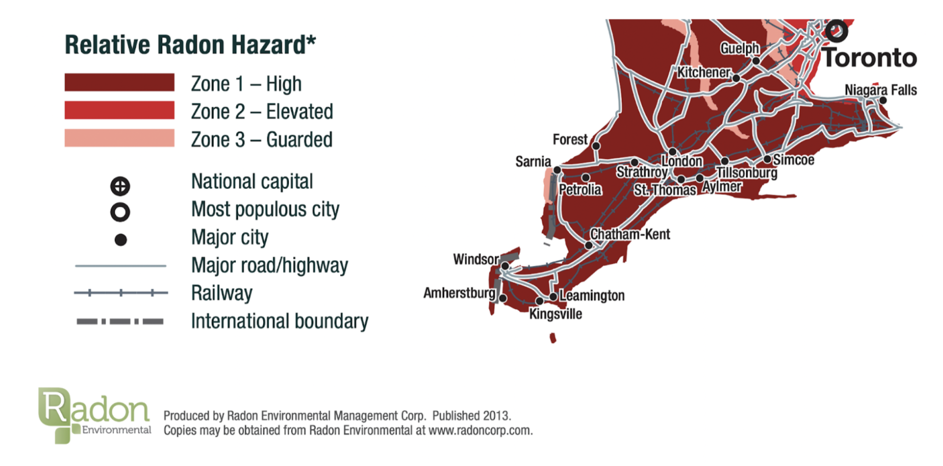 A map depicting the potential radon hazard in Ontario *Note - edited map to emphasize Southern Ontario